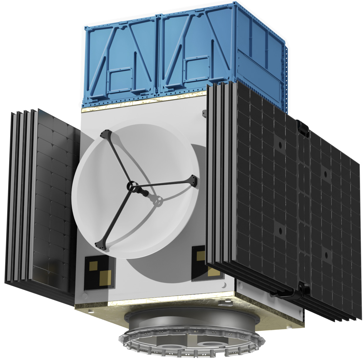 The MULTIPURPOSE ELECTRIC SATELLITE PLATFORM ESKIMO shown with folded solar wings at an isometric view from the side. On top of the satellite, 1-2 optional CubeSat Dispensers are attached instead of a payload. The dispensers have bright blue color and resemble structural boxes that can be opened to throw out the small satellites.