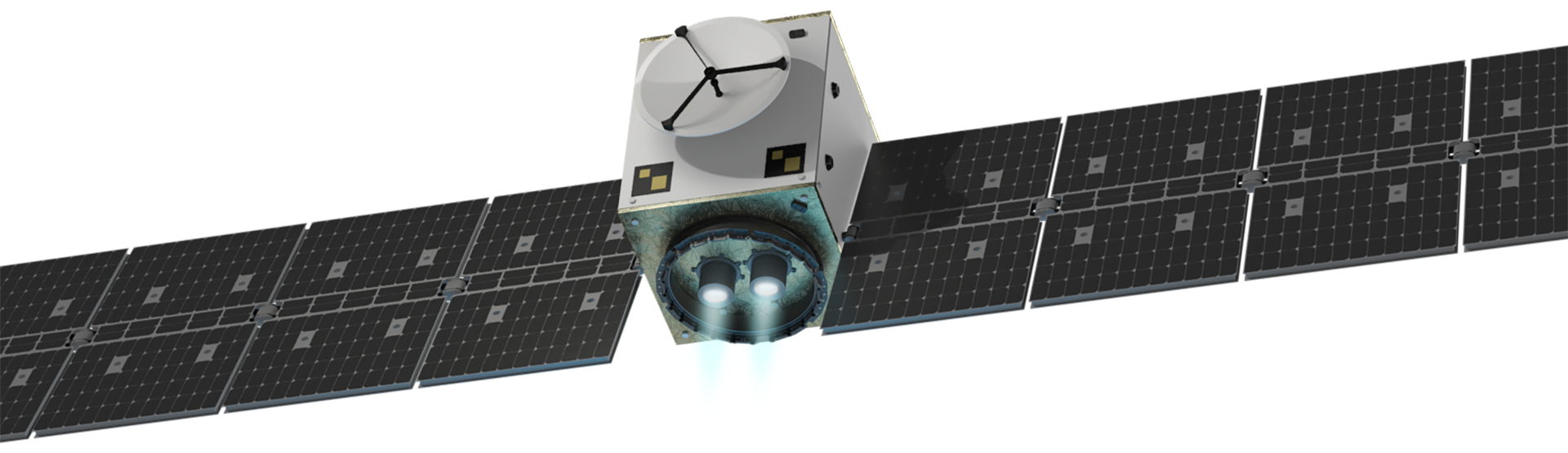 The MULTIPURPOSE ELECTRIC SATELLITE PLATFORM ESKIMO shown at an isometric view from below. The white cubic satellite body between the large, strechted-out solar panel wings is illuminated by the two firing ion-thrusters at the bottom, with its plumes shining in light blue.